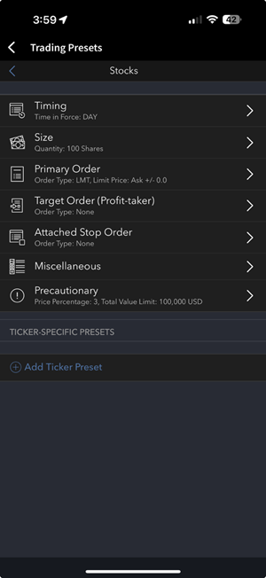 The trading presets on the iPhone. 